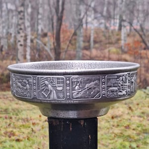 Vintage Pewter Norsk Tinn Decorative Footed Bowl by EIK Norway B.H. Stamped Herdet Tinn, Scandinavian Rural Scenes Nordic Décor Circa 1960s