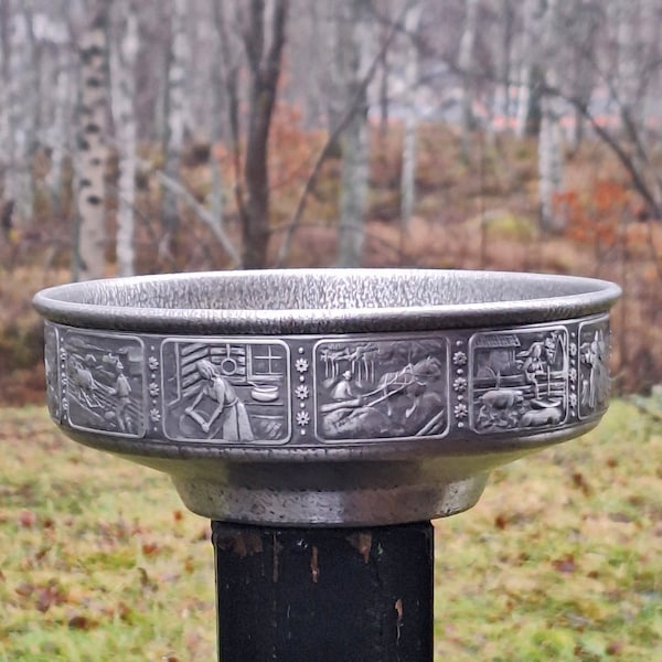 Vintage Pewter Norsk Tinn Decorative Footed Bowl by EIK Norway B.H. Stamped Herdet Tinn, Scandinavian Rural Scenes Nordic Décor Circa 1960s