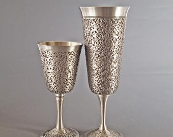 Set of 2 Rare Norwegian Pewter Goblets – Mid-Century Modern Hammered Design