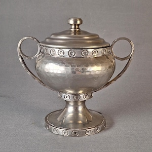 Handcrafted Pewter Bowl by M.S. Tinn, Mid-20th Century Nordic Lidded Vessel, Scandinavian Hammered Design, Collectible, Rare Vintage Find