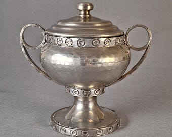 Vintage Norwegian Pewter Lidded Bowl M.S. Tinn Handarbete Hand Hammered Scandinavian Metal Vessel