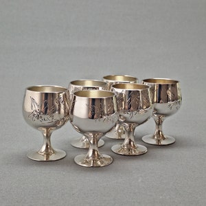 Exquisite Vintage Set of 6 Swedish EPNS Silver Plate Shot Cups, Hand-Engraved Goblet Glassess, Rare Collector&#39;s Find in Sweden Circa 1950s