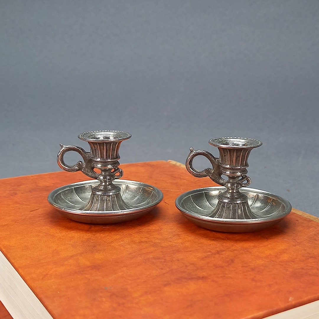Vintage Pewter Pair of Candlesticks Holder With Finger Loop Handl ,hand