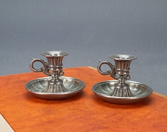 Miniature Vintage Pewter Candle Holders with Finger Loop, Handcrafted Scandinavian Chamber Candlesticks, Collectible Home Decor