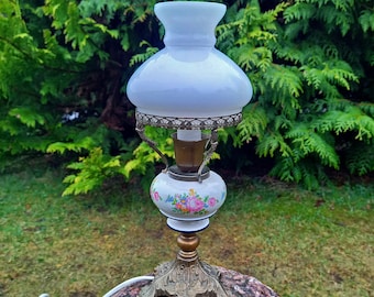 Retro Jugendstil Hurricane Lamp Handcrafted Bronze and Milk Glass with Rose Floral Motifs, Electric Lamp Light A Unique Accent Piece