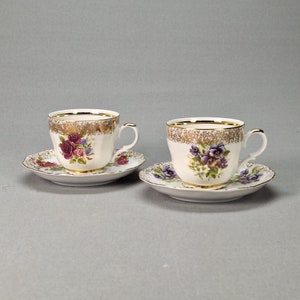 ヴィンテージ ミッタータイヒ バイエルン磁器 コーヒー ティーカップ ソーサー付き - アールデコ調、花柄ローズ模様と金縁のアクセント、1970年頃
