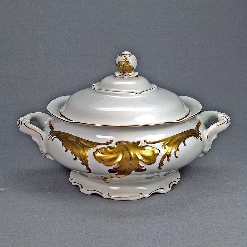 Vintage Walbrzych Poland WLB3 Dinnerware Set – Ornate Gold Scrolls & Black Accents, Heavy Gold Trim, Ceramic & Porcelain Dinner Plates, Bowls, Saucers, Coffee Pot & More