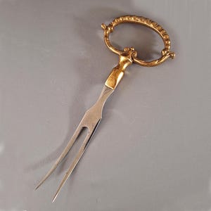 Antique Brass Meat Fork, Baroque Style Serving Utensil, c.1920s, Ornate Handle, German or French Origin, Found in Sweden, Rare Tableware
