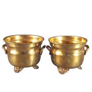 Coppia di vasi decorativi vintage in ottone con piedini a zampa di leone, stile europeo, metà del XX secolo.