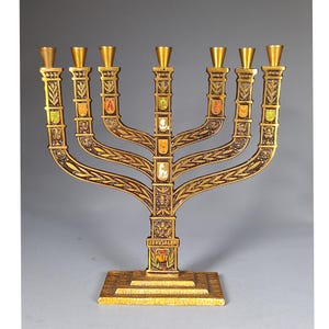 Vintage Brass Menorah, Jerusalem Souvenir, Seven-Branch Candelabra, Judaica, Mid-Century Israel