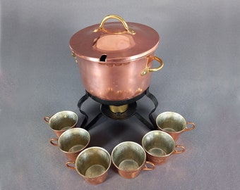 Vintage Nils Johan Sweden Punch Set - 6 Copper Mugs & Stand, Food Warmer, Brass Burner