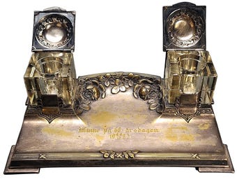 Antique German Jugendstil Inkwell Desk Set Silver Plate Glass Inserts 1923