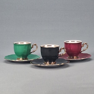Vintage Bareuther Bavaria Porcelain Tea Set, Bavarian Demi-Tasse cups, Set of 3 Cups and Saucers in Three Different Colors, Circa 1937-1945s