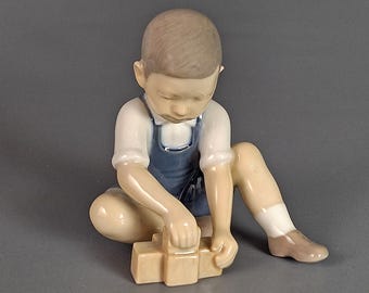 Vintage Bing & Grøndahl Porcelain Figurine, Boy with Blocks