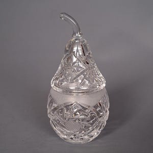 Hand Cut Crystal Lidded Jar, Vintage Pear Shaped Container, Clear Glass, Candy Dish, Decorative Collectible, Bohemian Style