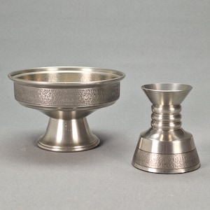 Vintage Norwegian Pewter Footed Bowl by K.L. Tinn Handmade and T.V. Tinn Norway Candle Holder Scandinavian Folk Crafts, Late 20th century