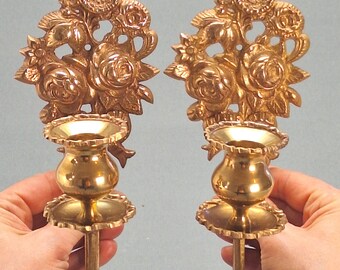 Vintage Art Nouveau Pair of Brass Candle Sconces, Elaborate Golden Candle Holders with Flower Pattern, Wall Mounted, Sweden, Circa 1970s