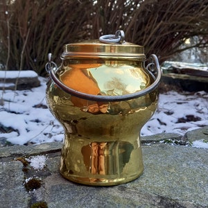 Vintage Brass Milk Tiny Bucket with Lid Handle,Old Rare Hand Crafted Brass Hammered Designer,Milk Canister, Sweden 1960s Mid Century Modern