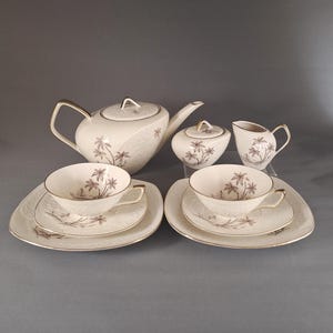 Shirnding Bavaria Porcelain Set: 9 pcs, Teapot, 2 Trio Cups, Sugar Bowl, Milk Jug, 1949-1956, Palm Motif, Gold Trim, Rare Find, Elegant Gift