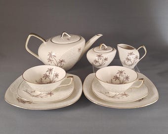Vintage Schirnding Bavaria Luncheon Set, Danish Modern, Red Black