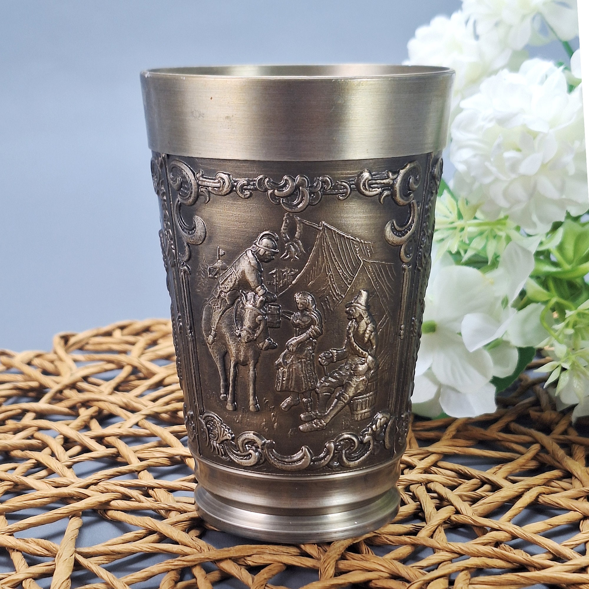 Vintage Vogel Gutezinn Pewter Wine Cup – German Tavern Scene Decor