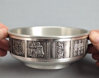 Vintage Konge Tinn Pewter Bowl, escena vikinga nórdica, decoración noruega de la década de 1970
