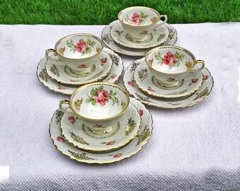 Vintage Schumann Bavaria Set of 4 Teacup,Saucer and Dessert Plate,Baroque Style,Elegant Flower Motif and Gold Rim, Made Circa 1930-1940s