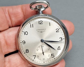 Longines 37.93 Pocket Watch, Stainless Steel 1938, Original Dial & Hands, Swiss Caliber, Tested Working