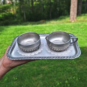 Vintage Norwegian Pewter Tray Set with Cream Jug and Sugar Bowl  PERLETINN Stamped, Made in Norway,Midcentury Modernist Decor