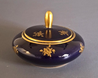 Vintage Lindner Kueps Bavaria Porcelain Box, Echt Cobalt Blue & Gold Floral
