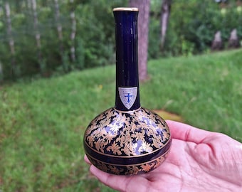 Vintage Helmut Krüger Cobalt Vase, Gold Floral Ceramic, German Decor