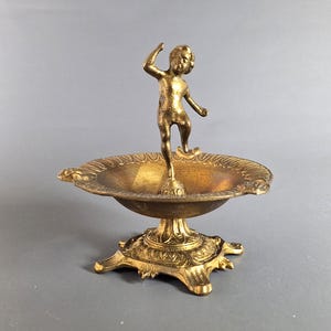 Vintage Brass Cherub Ashtray Sweden Mid Century 1940s Baroque Style Pedestal Bowl Heavy Solid Brass Catchall Trinket Dish Figurine Tray