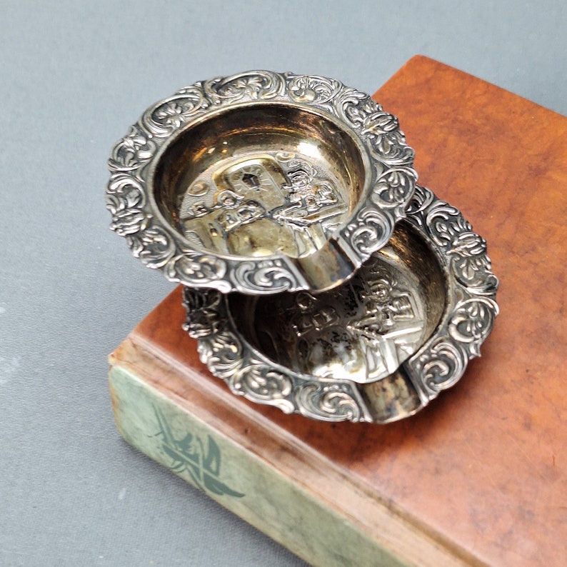 Primans Swedish Silverplate Ashtrays Pair by Primans Dutch Tavern Scene Mid ...