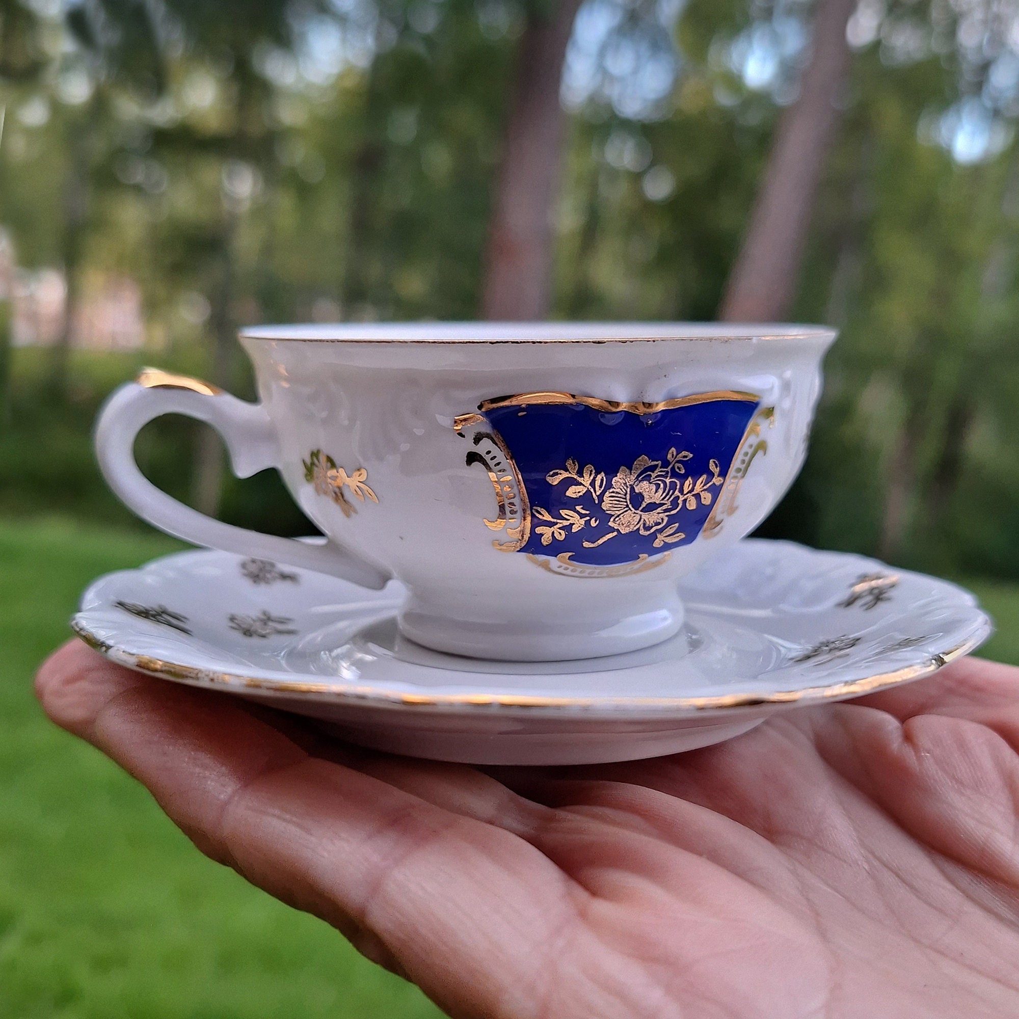 Tasse Et Soucoupe En Porcelaine Allemande Ancienne, Dorée à L'or Fin - Bon état