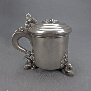 Vintage  Swedech Pewter Tankard With Lid, Hand casted and Lion Decoration from 1937s Stamped J.L.H. Swenskt Tenn L8, Baroque style Beer Mug