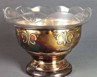 Vintage Hand-Engraved Glass Bowl, Nickel Silver Base, Scandinavian Decor