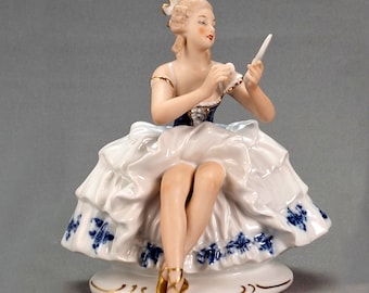 Vintage Wallendorf Porcelain Seated Ballerina with Mirror in Art deco Style Cobalt Blue and White Designed Ballerina, Art East Germany 1960s