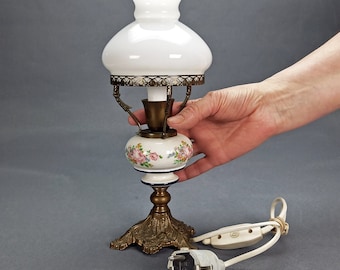 Vintage Table Lamp, Ceramic & Brass Base with Floral Porcelain, Milk Glass Shade, Jugendstil Style, 1950s, Sweden