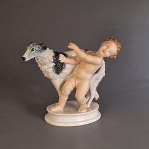 Rosenthal Porzellan Figur von Max Hermann Fritz – Junge mit Barsoi, Handbemalt Deutschland ca. 1925, Art Deco, Museumsstück, excellent