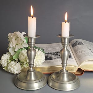 Vintage Pewter Candlesticks from Norway, “NORGE” Mark, Mid-Century Scandinavian Design, Matched Pair, Nordic Home Decor