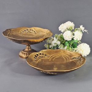Vintage Brass Fruit Bowl and Plate Set, 1950s Mid-Century Modern Pedestal Dish, Retro Brass Decor, Elegant Centerpiece, Tableware Display