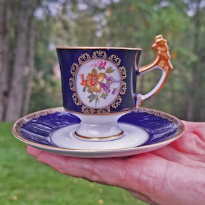 Vintage Cobalt Blue Mocha Cup Royal with Floral Motiv and Gold Rims,Stamped Konigl. pr. Tettau Gegr 1794,Collectible Germany Cup,Circa 1970s