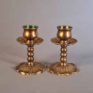 Pair of Antique Scandinavian Brass Candlesticks, Lotus Base, Nordic Art Nouveau Style, Sweden c.1920s, Unmarked Artisan Metalwork