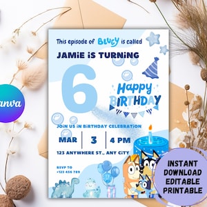 Editable Bluey Birthday Invitation, Digital Birthday Party Invite, Blue Dog Boys Girls Instant, Canva Editable, Kids Birthday Invitation