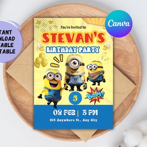 Funny Yellow Monster Birthday Invitation, Birthday Party, Little Yellow Buddies Birthday Invitation, Editable and Printable Canva Template
