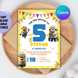 Yellow Buddies Birthday Party Invitation, Monster Birthday, Kids Birthday Invitation, Editable and Printable Invitation Canva Template
