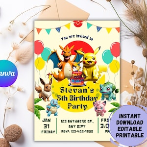 Little Yellow Electric Birthday Invitation, Cute Thunder Monster Birthday Party Invite, Kids Birthday Invitation, Editable & Printable Canv