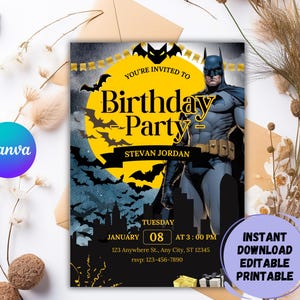Superhero Birthday Party Invitation, Bat Party Invite, Kids Birthday Invitation, Editable and Printable Digital Invitation Canva Template