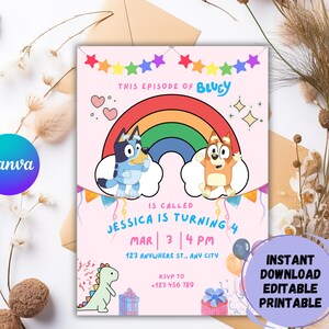 Convite de aniversário Bluey, convite de cachorro azul, convite de aniversário para meninas, convite de festa digital, convite de aniversário infantil, Canva editável
