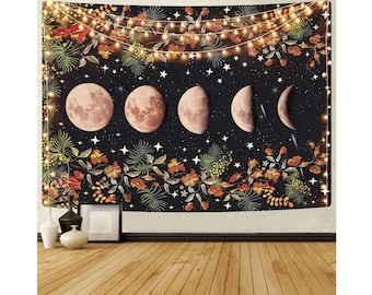 May include: A tapestry featuring a dark blue background with a floral design in shades of orange, yellow, and green. The tapestry also features a crescent moon and stars.